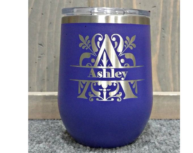 Laser Engraved Wine Glass, Royal Monogram, Your Choice of Initial, Can be Personalized, 12 oz. Insulated, Stainless Steel, Bridesmaids Gifts