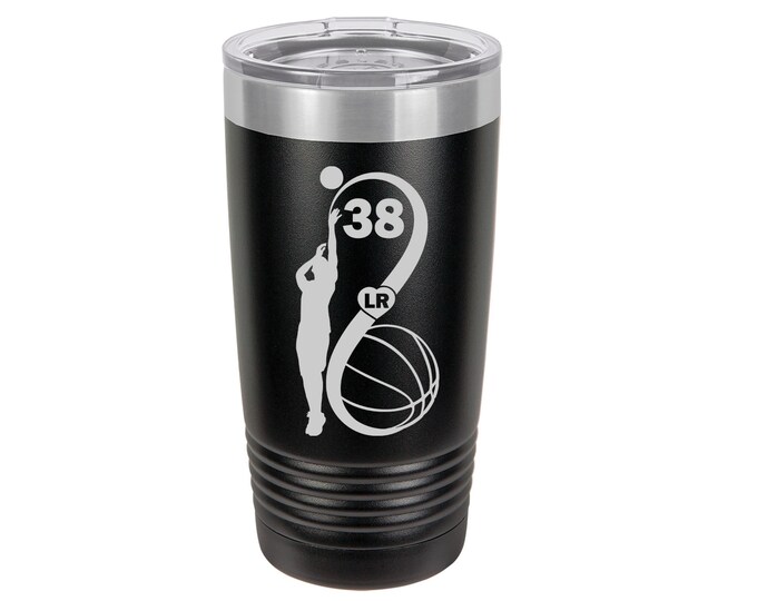 Basketball Laser Engraved Travel Mug, Personalized with Players Initials and Number, Insulated, Yeti Style, Stainless Steel, Basketball Mug