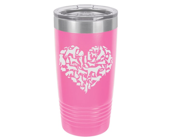 Dog Cat Animal Heart Laser Engraved Travel Mug, Can be Personalized, 20 oz. Polar Camel Insulated Stainless Steel, Pet Themed Travel Mug