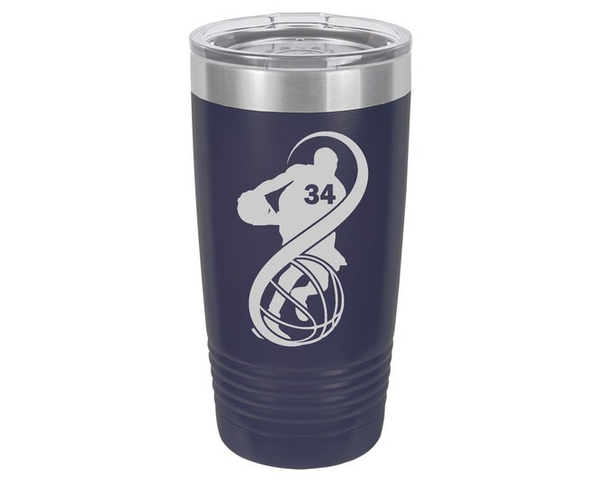 Basketball Laser Engraved Travel Mug, Personalized with Players Number, Insulated, Yeti Style, Stainless Steel, Basketball Theme Mug