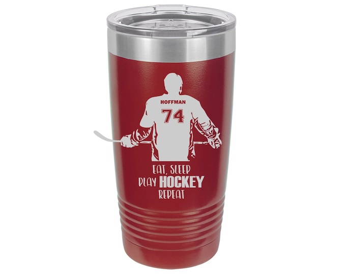 Hockey Laser Engraved Travel Mugs, Personalized with Players Name and Number, Insulated, Yeti Style, Stainless Steel, Hockey Theme Cup