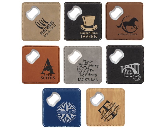 Personalized Leatherette Bottle Opener Coaster Set, Your Choice of Image/Words, Set of 6, Laser Engraved, Custom Coaster Set