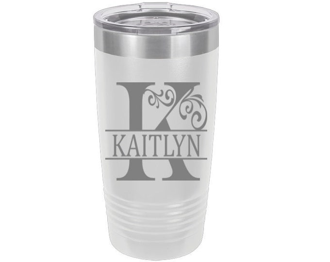 Fancy Flourish Split Initial Laser Engraved Travel Mug, Can be Personalized, 20 oz. Polar Camel Insulated Stainless Steel, Custom Travel Mug