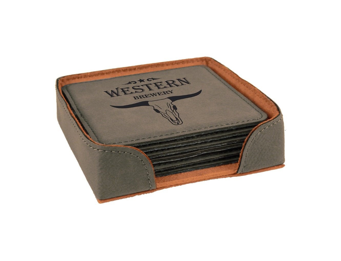 Personalized Leatherette Coaster Set, Gray Laser Engraved with Black