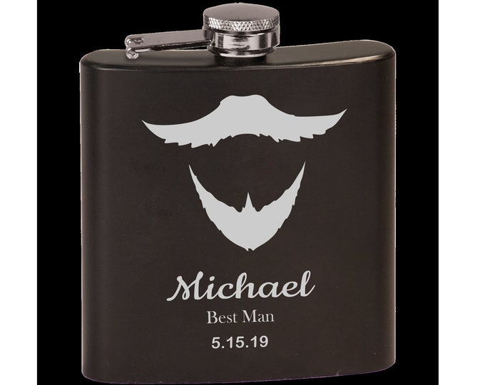 Personalized Groomsmen/Best Man Black Flask, Goatee, Beard, Glasses, Hats, Your Choice of Image/Words, Laser Engraved, Bridal Party Gifts