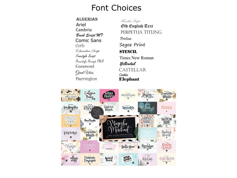 May include: A collage of colorful squares featuring different font styles and names. The fonts are displayed on various backgrounds, including floral patterns, chalkboard textures, and geometric designs. The text "Magnika Merchant" is prominently displayed in a handwritten font style.