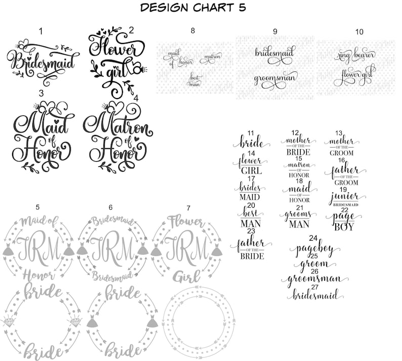 Puede incluir: Un gr&aacute;fico de dise&ntilde;o con 27 t&iacute;tulos diferentes para la fiesta de bodas, incluyendo dama de honor, dama de honor, ni&ntilde;a de las flores y portador de anillos. Los t&iacute;tulos est&aacute;n escritos en una variedad de fuentes y estilos.