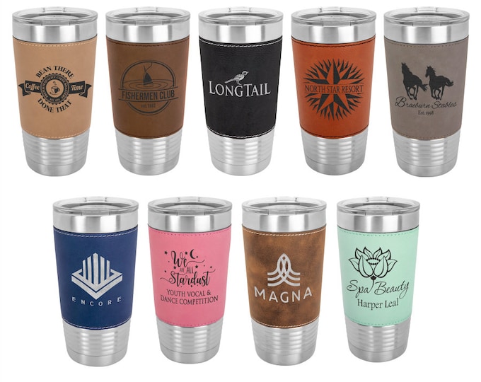 Custom Laser Engraved Leatherette Travel Mugs, Your Choice of Image/Words, 20 oz. Insulated, Yeti Style, Stainless Steel, Corporate Gifts