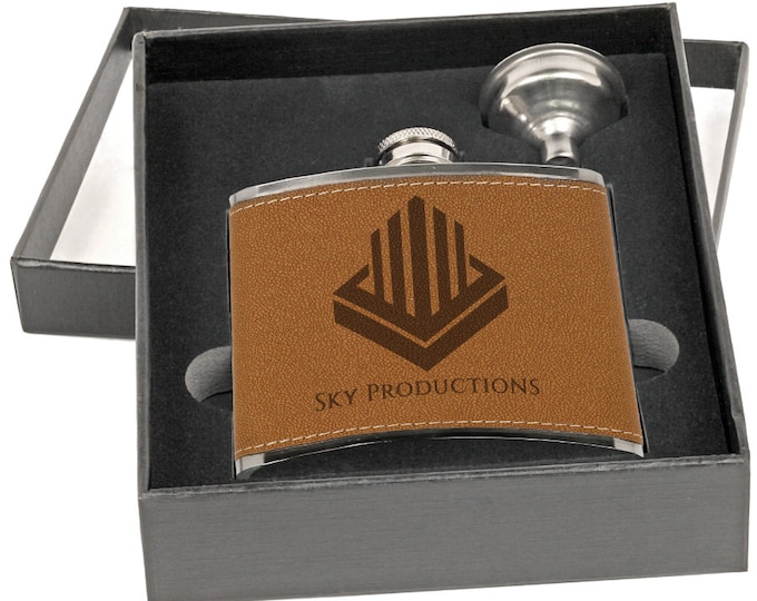 Personalized Leather Flask Set, Your Choice of Image/Words, Custom Flask, Laser Engraved Flasks, Groomsmens Gifts, Mens Gifts, Corporate