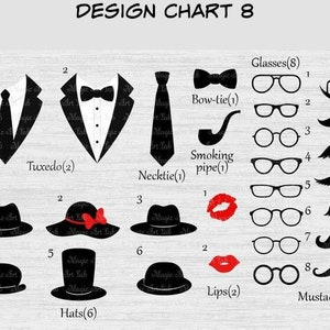 Puede incluir: Tabla de dise&ntilde;o con ilustraciones en blanco y negro de varios accesorios, incluyendo un esmoquin, pajarita, corbata, pipa para fumar, gafas, labios, bigotes y sombreros. La tabla est&aacute; etiquetada como "Design Chart 8".