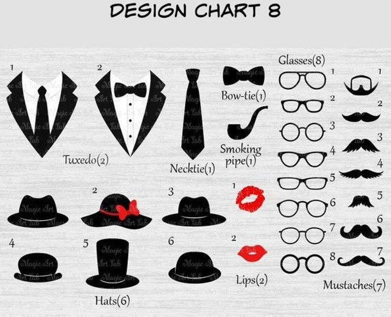 Puede incluir: Tabla de dise&ntilde;o con ilustraciones en blanco y negro de varios accesorios, incluyendo un esmoquin, pajarita, corbata, pipa para fumar, gafas, labios, bigotes y sombreros. La tabla est&aacute; etiquetada como "Design Chart 8".