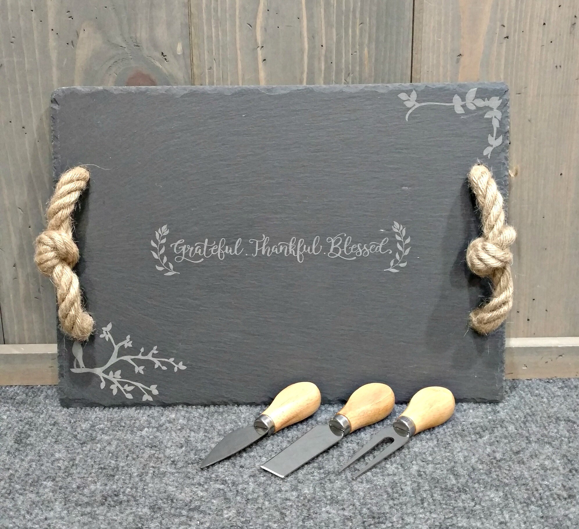 Laser Engraved Slate Cheese Board with Utensils, Thankful Grateful