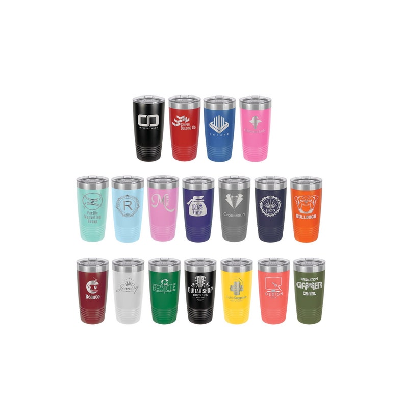 May include: A collection of 18 stainless steel tumblers with various colors and designs. The tumblers are all the same size and shape, with a silver lid. The designs include a variety of logos, text, and images. The colors include red, blue, green, pink, orange, black, white, and gray.