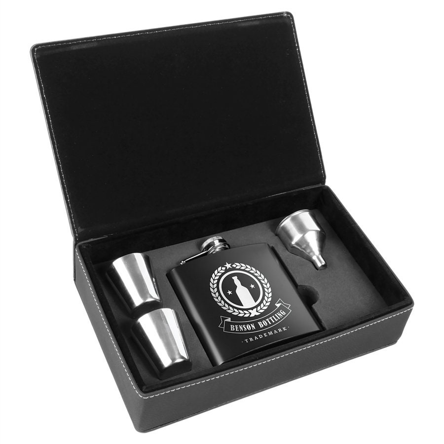 Personalized Black Flask Set in Leatherette Box, Your Choice of Image/Words, Custom Flask, Laser ...