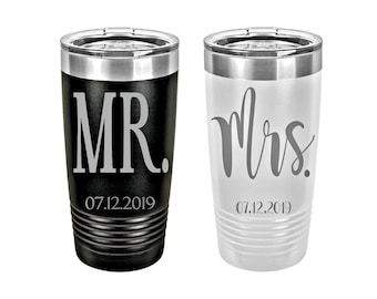 Mr. & Mrs. Laser Engraved Travel Mug Set of 2, Personalized Wedding Mugs, 20 oz. Polar Camel Insulated Stainless Steel, Custom Wedding Gifts