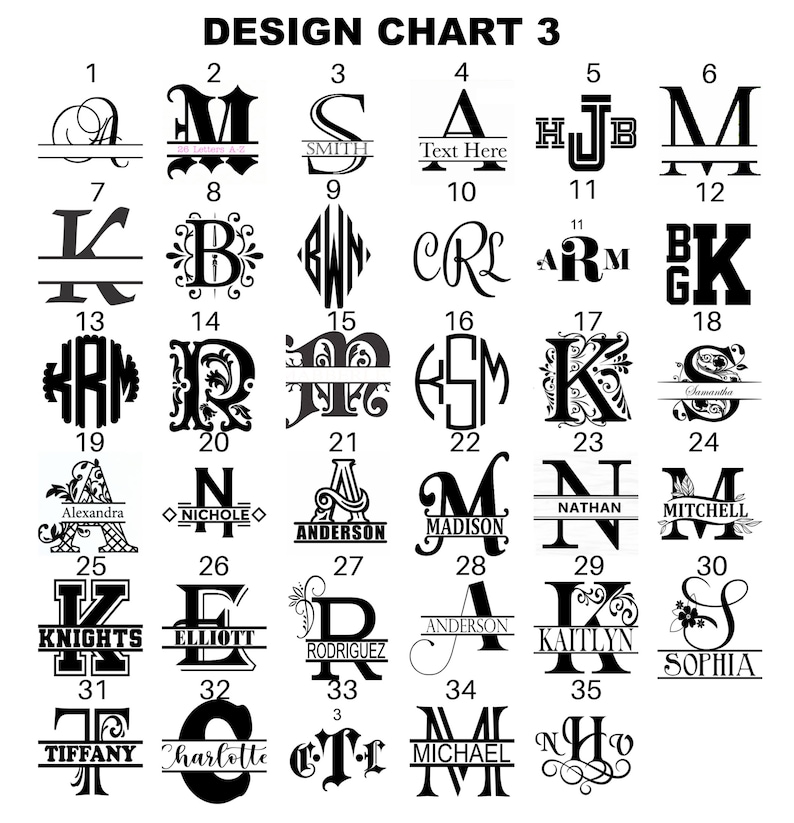 May include: A design chart with 36 different monogram and lettering styles. Each style is numbered and includes a sample name or text. The chart is black and white.