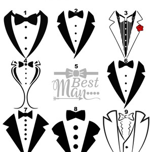 Puede incluir: Nueve dise&ntilde;os de esmoquin diferentes en blanco y negro. Cada dise&ntilde;o presenta un esmoquin con pajarita y diferentes detalles, como una flor, botones y un chaleco. Los dise&ntilde;os est&aacute;n numerados del 1 al 9.