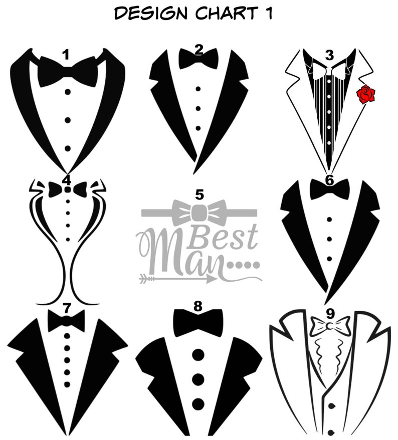 Puede incluir: Nueve dise&ntilde;os de esmoquin diferentes en blanco y negro. Cada dise&ntilde;o presenta un esmoquin con pajarita y diferentes detalles, como una flor, botones y un chaleco. Los dise&ntilde;os est&aacute;n numerados del 1 al 9.