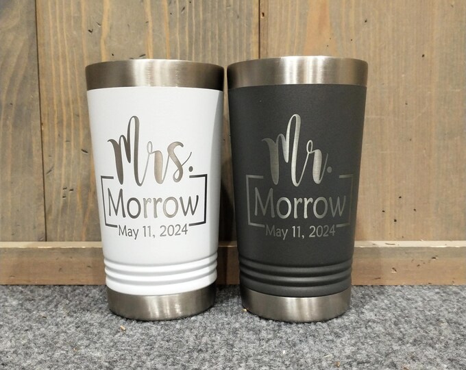 Mr. & Mrs. Laser Engraved Pint Glass Set of 2, Personalized Wedding Mugs, 16 oz. Polar Camel Insulated Stainless Steel, Custom Wedding Gifts