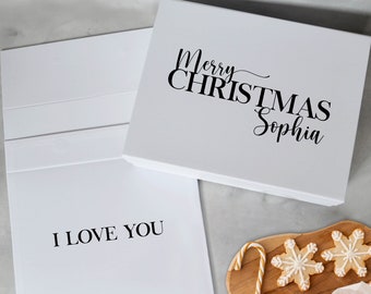 Personalised Christmas Gift Box, Merry Christmas, Present, Custom Text, Gifts for Him & Her, Magnetic Close White Box, Personalised Gift Box