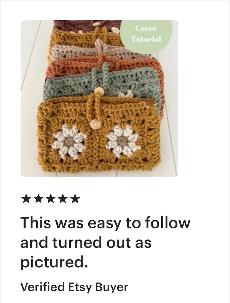 May include: A stack of five crocheted pouches in various colours, including mustard yellow, sage green, burnt orange, beige, and maroon. Each pouch features a white daisy design and a wooden button closure. The text "Cover Tutorial" is visible in a green circle.
