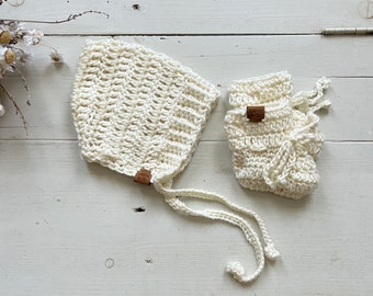 Crochet Bonnet and Bootie Set/ready to send baby bonnet and booties/ 0-6 months baby gift set/ natural baby gift set