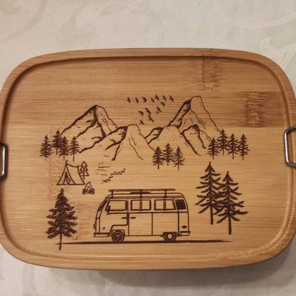 Lunchbox  personalisierbar Camping Van Life Frühstücks Brotdose Bambus Geschenk Camper