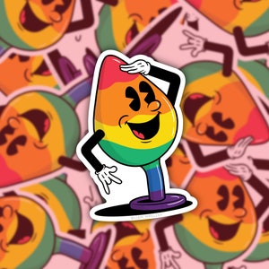 May include: A cartoon character with a smiling face and a rainbow-coloured body. The character is standing on a purple and white base. The character is wearing a white glove on its right hand and a black glove on its left hand. The character is holding its right hand up to its head. The character is surrounded by a white background.