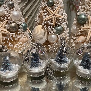 May include: Coastal-themed Christmas ornaments and miniature trees. The trees are white with silver and teal accents, seashells, and starfish. Clear glass ball ornaments contain miniature trees, pearls, and starfish. A festive, beachy holiday theme.