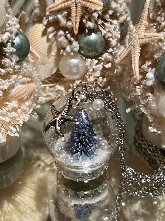 Blue Christmas Tree Snow Globe Necklace
