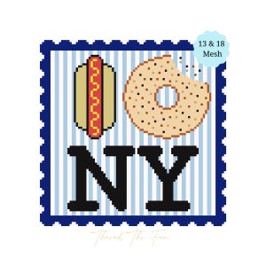 Schema per ricamo a punto croce "I Heart New York Hotdog Bagel" in PDF, grafico su tela con cibo di New York.