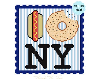 Patrón de bordado "I Heart NY" (Hotdog y bagel) en PDF. Cuadro de lienzo "I Love New York" (malla 13 y malla 18).