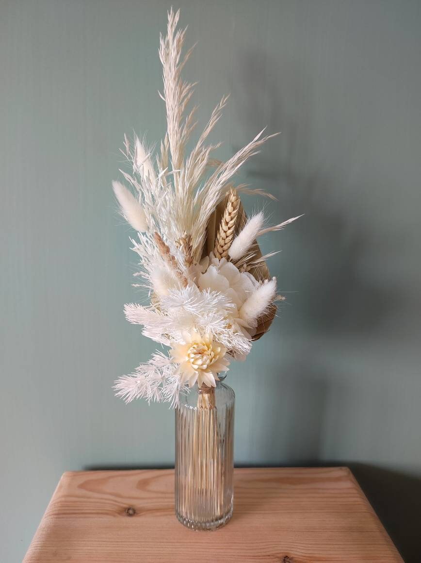 Bouquet de Fleurs Séchées et Stabilisées avec Son Vase en Verre Transparent