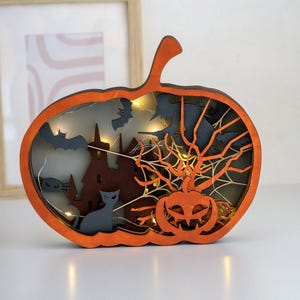 Handcrafted Halloween Pumpkin Shadowbox Light with Cats, Bats & Spooky Tree - Unique Wooden Decor for Fall and Halloween Celebrations