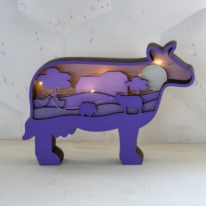 Rustic Wooden Cow Lamp - Farmhouse Decor with LED Lights, Layered 3D Animal Night Light for Kids&#39; Room, Nursery, or Country Style Home