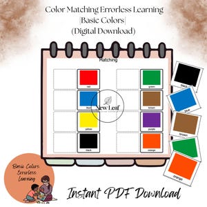 May include: A digital download for color matching. The image shows a color matching activity with red, blue, yellow, black, green, brown, purple, and orange squares. The text reads "Color Matching Errorless Learning Basic Colors" and "Instant PDF Download."