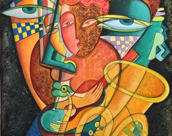 Large painting, original art, cubism  " Composers Muse "  36 x 24 inch, oil, acrylic on canvas