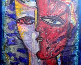 Large painting Cubist oil painting Home decor " Thoughts about Her " 16 x 20 inch Oil, mix media on canvas