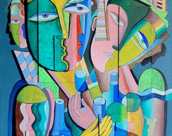 Large 3D painting, original art, cubism " Cocktail  " 36 x 24 inch, oil, mix media on canvas 3D art