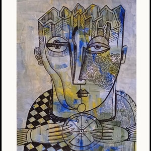 original painting, cubism  Picasso style Cubist art &quot; Player &quot; Original art  Size  12 x 9 inch