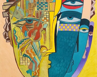 Large painting, original art, cubism    " Composer and his Notes "  36 x 24 inch, oil, acrylic on canvas