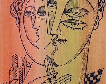 ピカソ風　絵 オリジナルキュビズム絵画：ピカソ風肖像画、18 x 12インチ