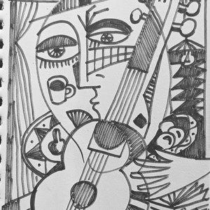 original painting, cubism Picasso style Cubist art &quot; Musician &quot; Original art Size 9 x 5.5 inch