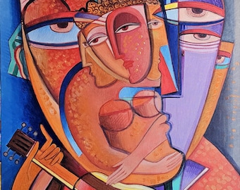 Large painting, original art, cubism  " Making music on the guitar "  36 x 24 inch, oil, acrylic on canvas