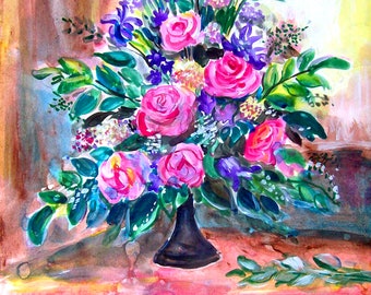 duży, oryginalny obraz ścienny „Róże” akryl, technika mieszana na papierze akwarelowym 11,4 x 16,1 cala 29,5 x 41,5 cm