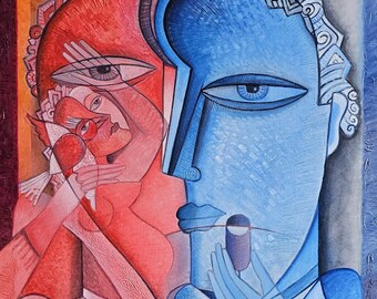 large painting, cubism, Large wall art Picasso style Modern art Gift Idea " Summer Night in LA " 33 x 29 inch  84 x 74 cm
