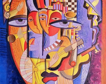 Large painting, original art, cubism  " Concert for the Guitars "  36 x 24 inch, oil, mix media on canvas