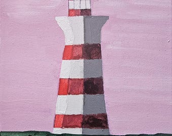 Red and White Lighthouse Acrylic Painting – 10x8 Original Canvas Art by 10-Year-Old Artist Areg – Coastal Decor, Pink Sky Ocean Landscape
