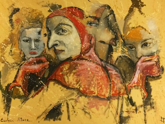 large wall art original surrealistic art "Clowns life " acrylic, mix media on watercolor paper 22.8 x 30.3 inch, 58x77 cm