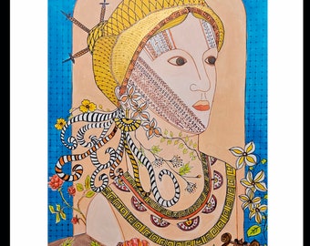 Può includere: Illustrazione artistica di un busto di donna, adornato con motivi intricati ed elementi floreali. L'opera presenta un copricapo giallo, decorazioni per il collo e uno sfondo con toni blu e marroni. Sono inclusi anche una lira e una rosa.